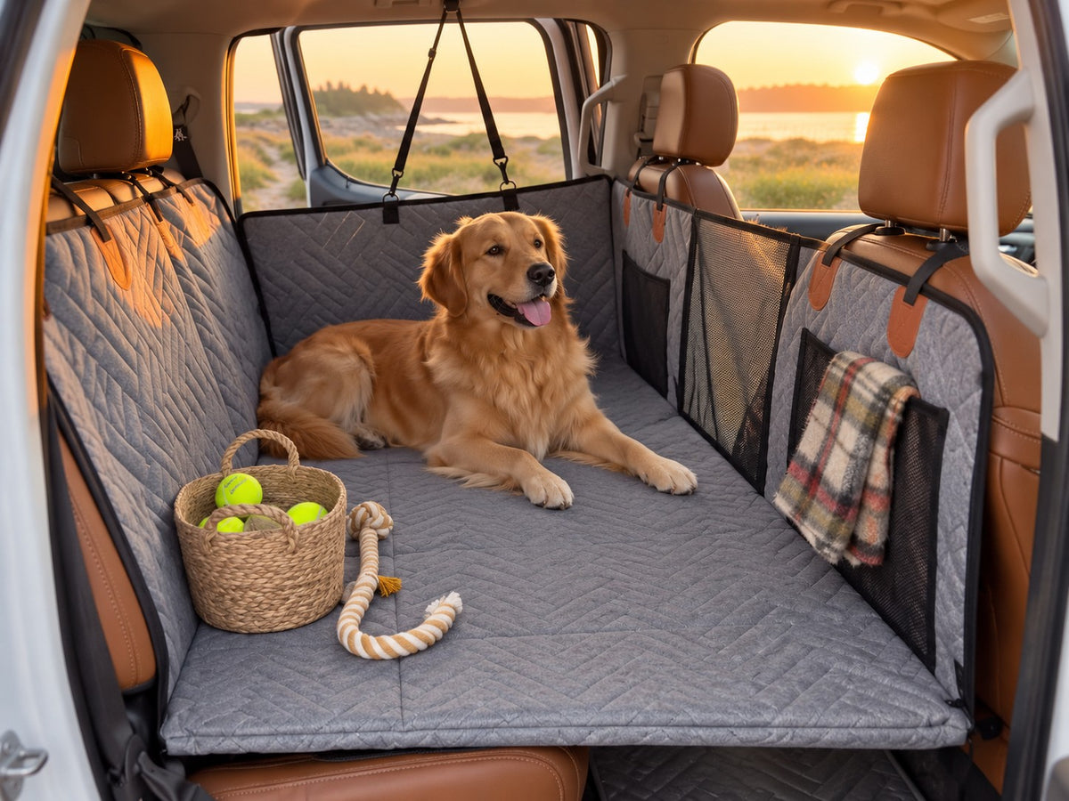 Happy golden retriever on the Backseat Buddy at sunset with a basket of tennis balls