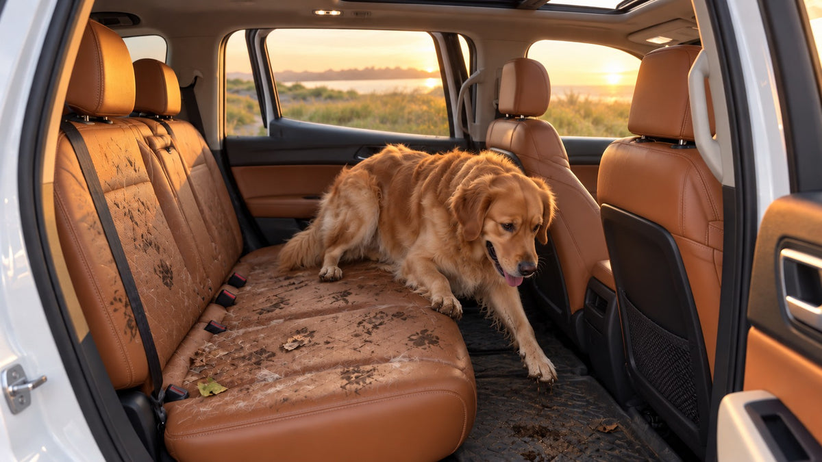 Muddy leather back seat with paw prints and dog hair, dog slipping into the footwell