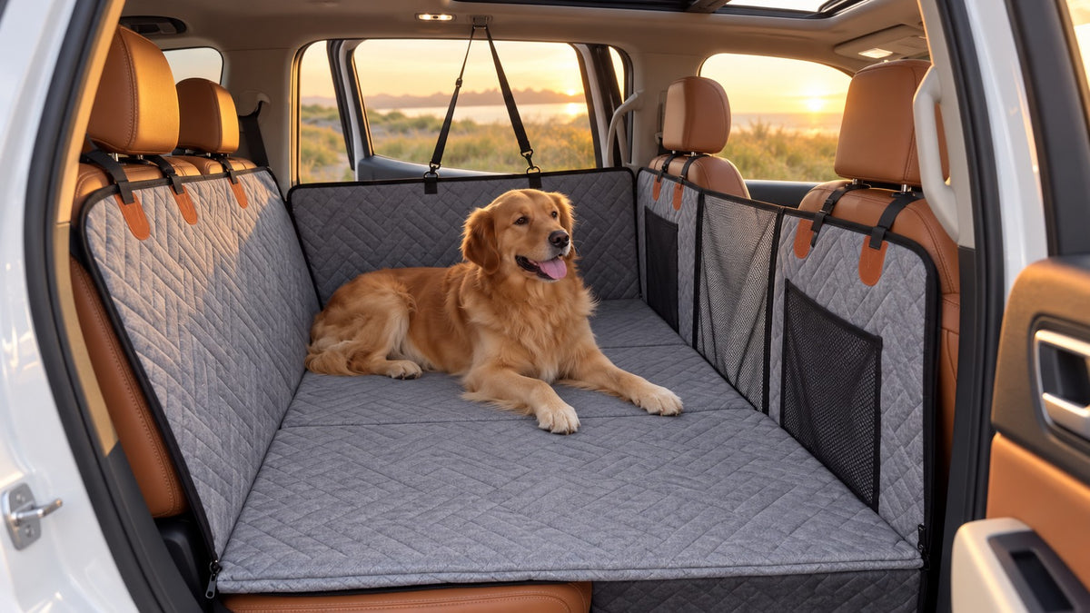 Golden retriever lying relaxed on the grey Backseat Buddy seat extender