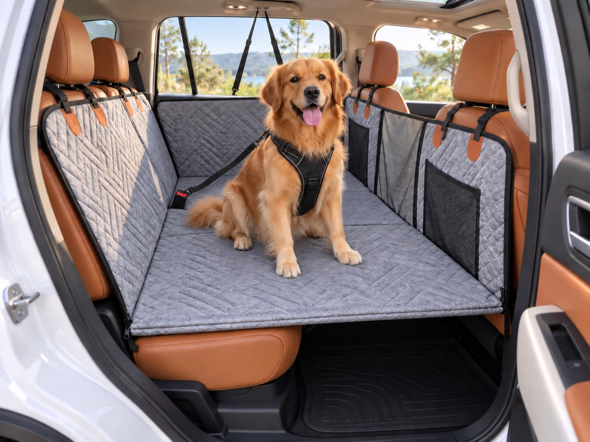 Golden retriever sitting on Backseat Buddy with harness clipped to the seatbelt